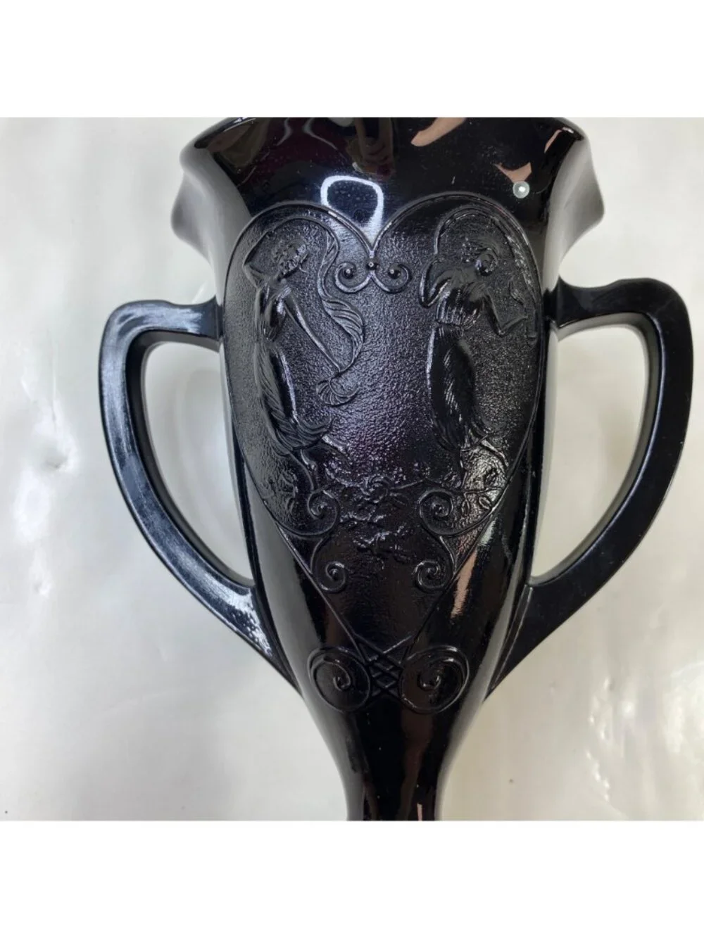 Vtg 1930s LE Smith Black Amethyst Depression Glass Trophy Vase Dancing Nymphs